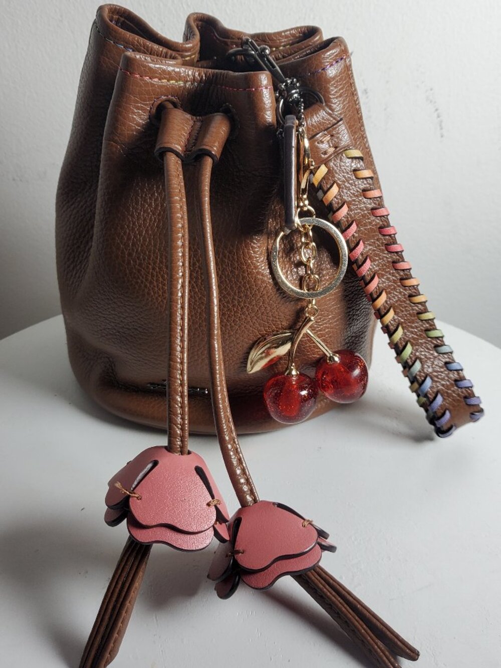 47. Coach Brown Leather Drawstring Bucket Bag Tassel Charm(No Cherry Charm)